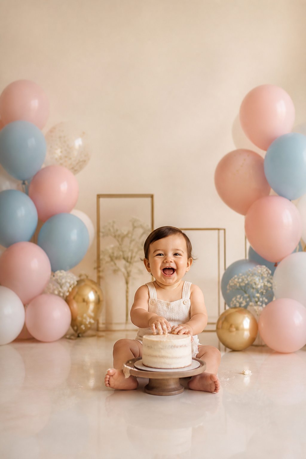 Bebé sonriendo entre globos